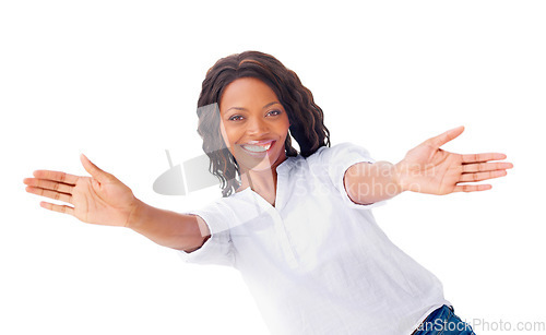 Image of Woman. portrait and celebrate for happy in studio for positive news, good mood as mockup space. Black person, model and face for relax carefree or funny confidence, victory win on white background