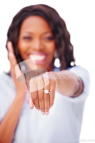 Image of Woman, hand and engagement ring for showing in studio for proposal mock up on white background in New York. Black person, smile and happy in excitement for yes, good news and announcement in space