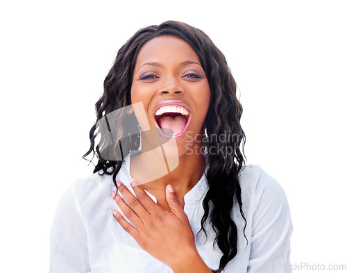 Image of Woman, portrait and laughing happy in studio for funny joke, humor comedy or positivity. Black person, model and face for smile confidence cheerful on white background or mockup space, meme or joy