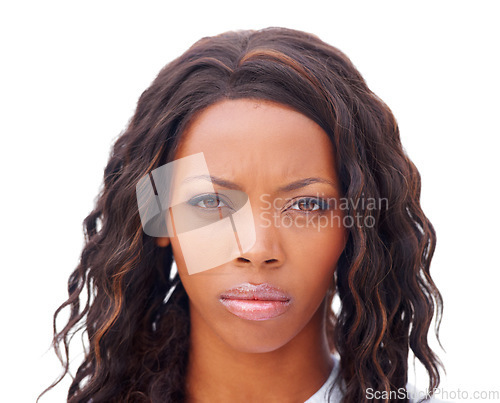 Image of Black woman, portrait and frown in studio for angry, frustrated or annoyed on white background. Person, disappointed and unhappy with mental health, bad news or grumpy expression with mock up space