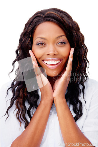 Image of Portrait, woman and smile for beauty in studio with skincare mockup on white background in New York. Black person, happy or excited for result in vitamin c, hyaluronic acid or niacinamide for texture
