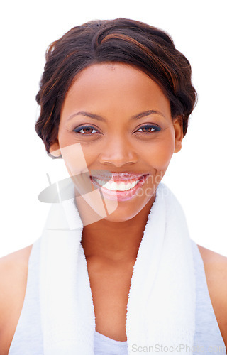 Image of Portrait, woman and smile with towel in studio for fitness mock up on white background in New York. Black person, athlete and happy with confidence for health, exercise or hygiene with sweat cloth