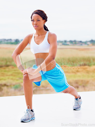 Image of African woman, lunges and outdoor for fitness, health or muscle development for legs, summer or nature. Girl, training and exercise with thinking, vision or wellness in sunshine, countryside or field