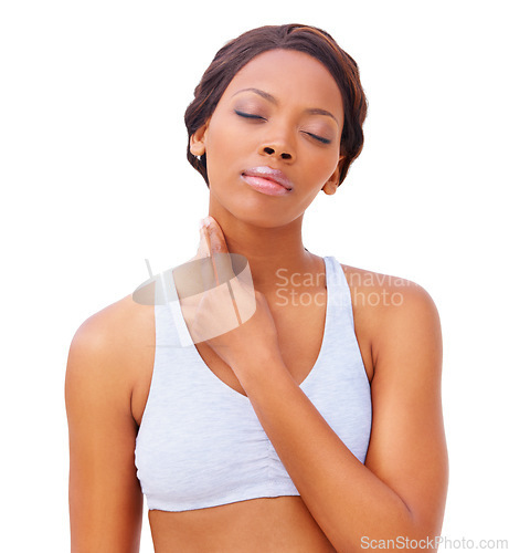 Image of Woman, neck and heart rate for pulse for health monitor, exercise pace on white studio background. Black person, hand or workout progress as wellness train or cardio athlete time, sports or counting