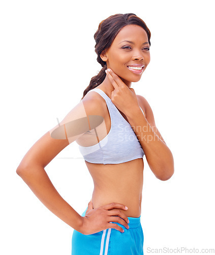 Image of Woman, neck and heart rate for pulse for exercise monitor, health pace on white studio background. Black person, hand or workout progress as wellness train or cardio athlete time, sports or counting