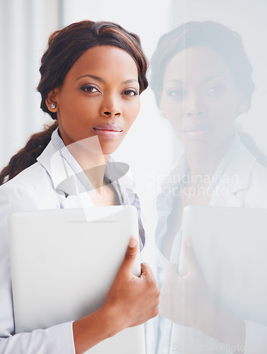 Image of Black woman, laptop and business portrait by window, reflection and financial advisor in workplace. African entrepreneur, computer and confident face with pride, project management and modern office