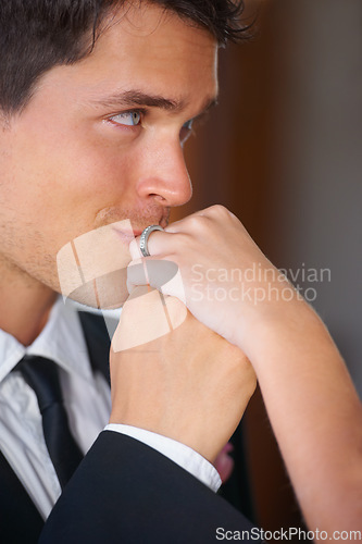 Image of Man, face or kissing hand at wedding, event or union in loyalty, trust or commitment ceremony. People, couple or groom with rings for love, partnership or celebration for marriage, romance or promise