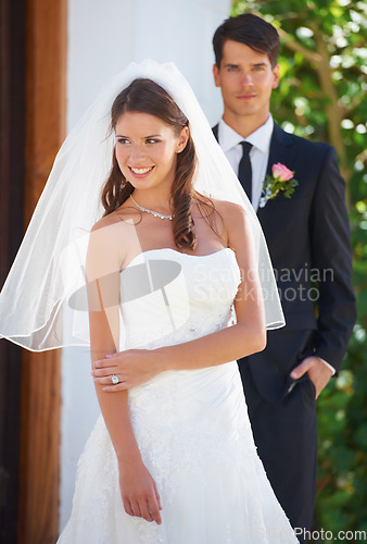 Image of Couple, wedding and outdoor with smile, portrait and memory for commitment to relationship in summer. Man, woman and happy together for marriage, event and celebration with fresh start in sunshine