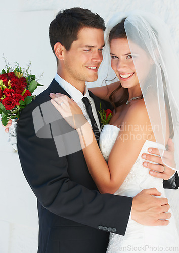 Image of Wedding, couple and hug portrait with love, smile and happy from celebration of bride and groom. Outdoor, commitment and trust ceremony with care and suit for marriage event with support and romance