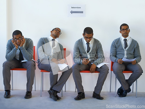 Image of Bored, man and waiting room for interview or office job, recruitment and sitting with resume and cv. Composite, businessman and fatigue in boring onboarding process with person in human resources