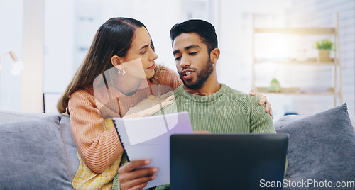 Image of Laptop, documents and couple on sofa for finance planning, online banking and budget payment. Living room, home and man and woman with paperwork, report and computer for insurance, savings and taxes