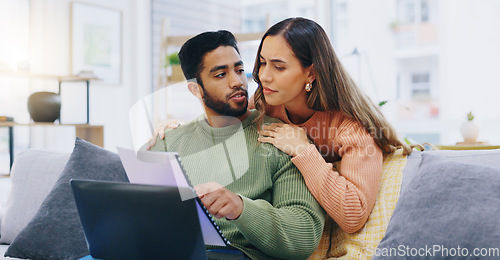 Image of Laptop, finance and couple on sofa for planning, online banking and budget payment at home. Living room, marriage and man and woman with paperwork, bills and computer for insurance, savings and taxes