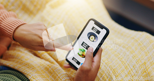 Image of Phone, screen and hands of couple with fast food app, delivery or choice closeup in their home. Smartphone, display and people with online shopping, menu or search for brunch, decision or takeaway