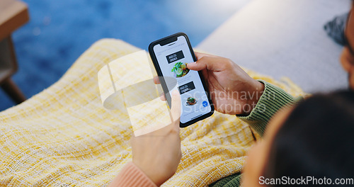 Image of Phone, screen and couple on sofa with food app, delivery or choice closeup in their home. Smartphone, menu and hand of people with online shopping, decision or search for brunch, meal or takeout