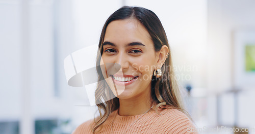 Image of Portrait, happy or face of woman in home to relax for weekend, good mood or pride in living room in Colombia. Confident girl smile in apartment for resting, comfortable day off or freedom of optimism