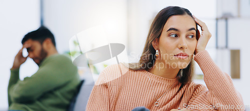 Image of Woman, fight and conflict of couple on sofa for breakup, argument and ignore partner at home. Sad, depressed and frustrated girl thinking of divorce, crisis and emotional stress of toxic relationship