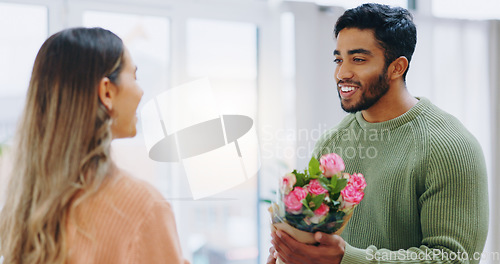 Image of Man, woman and giving bouquet of roses for smile, care or love for birthday, anniversary or celebration. Couple, flowers and happy for present, gift or surprise for bonding, romance and home together