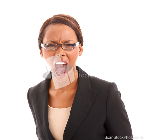 Image of Portrait, screaming and black woman with business, angry and employee isolated on a white studio background. Face, African person or worker with stress, frustrated and shouting with crisis or emotion