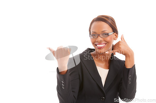 Image of Black business woman, call me sign and studio portrait with point, smile and review by white background. Thumbs up, agent and feedback with emoji, icon or choice for talk, opinion and mockup space