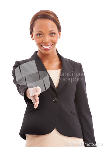 Image of Business woman, offer and shaking hands in portrait for job interview, meeting and hiring agreement or welcome. African employer handshake or professional introduction in studio on a white background