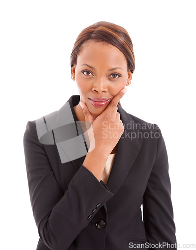 Image of Thinking, idea and portrait of business black woman in studio for professional work, career and job. Corporate, hand gesture and isolated person with confidence, pride and wonder on white background