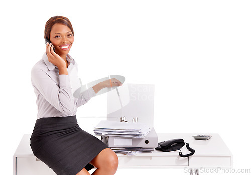 Image of Business woman, phone call and folder for office administration, planning and communication in studio. Portrait of secretary or worker talking on mobile and documents management on a white background