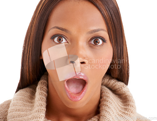 Image of Portrait, gossip and black woman with surprise, wow and news isolated on white studio background. African person, girl and model with emoji, shocked and announcement with reaction, secret and omg