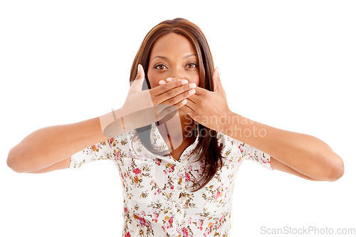 Image of Portrait, gossip and black woman with surprise, cover mouth and news isolated on white studio background. African person, girl or model with emoji, shock or announcement with mockup space, omg or wow