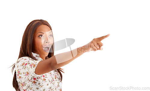 Image of Pointing, gossip and black woman with surprise, opportunity and news isolated on white studio background. African person, girl and model with emoji, shock or announcement with mockup space and option