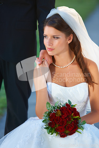 Image of Woman, bride and roses while holding hands with groom in wedding dress, marriage or commitment in outdoor love together. Attractive female person or fiance getting married at bridal event or ceremony