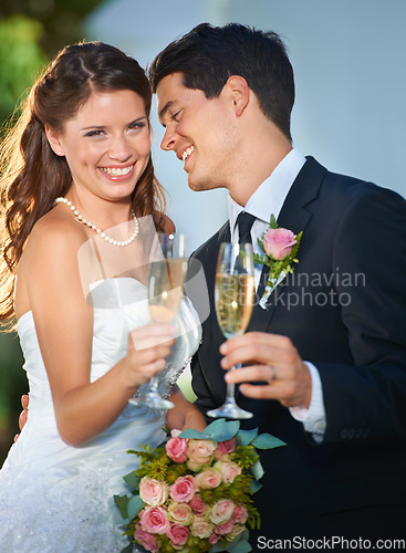 Image of Champagne, wedding and portrait of bride and groom ay a classy, elegant and luxury wedding event. Happy, smile and young woman and man with sparkling wine marriage ceremony or party for commitment.