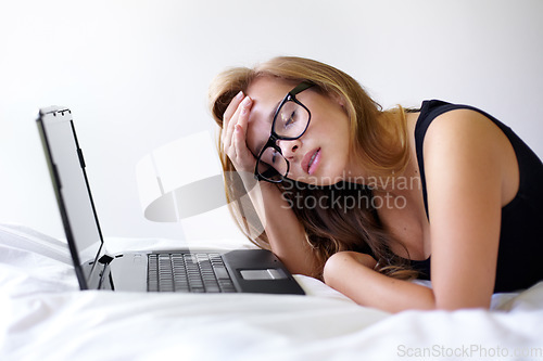 Image of Student woman, laptop and mistake on bed with stress for exam, assessment or test with online course. Girl, studying and education with computer in bedroom for elearning, 404 glitch and error in home