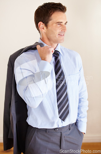 Image of Business man, ideas and suit in studio in jacket, corporate clothes and problem solving by white background. Entrepreneur, financial advisor and smile for strategy, thinking and investment agency