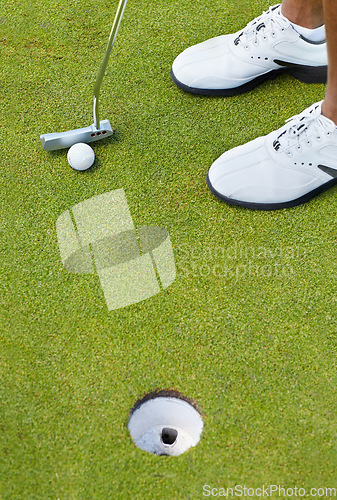 Image of Sports, golf hole and shoes of person on course playing game, practice and training for competition. Professional golfer, grass and closeup of tee, ball and golfing club for winning stroke or score