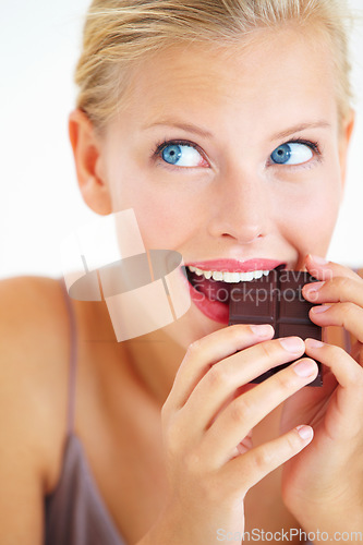 Image of Eating woman, face and thinking of dark chocolate benefits, antioxidants wellness or morning junk food, calories or tasty candy. Nutrition, delight and person enjoy sugar craving, cacao bar or sweets