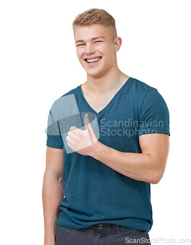 Image of Portrait, happy and man with thumbs up in studio for feedback, vote or agreement on white background. Face, smile and male model with hand emoji for review, support or thank you, success or gesture