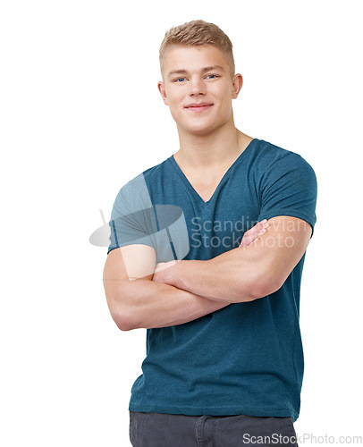 Image of Arms crossed, portrait and fashion by man in studio with confidence, pose or positive attitude on white background. Face, smile and male model with cool, clothes or streetwear, style or good mood