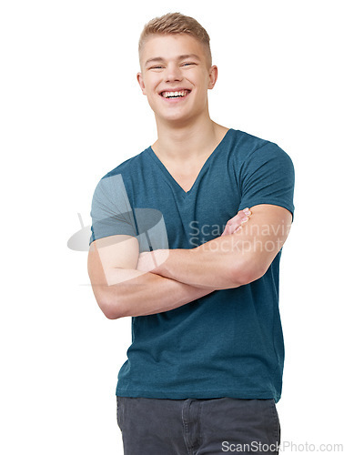 Image of Fashion, portrait and happy man with arms crossed in studio confident, laugh or positive attitude on white background. Face, smile and male model with cool, clothes or streetwear, style or good mood