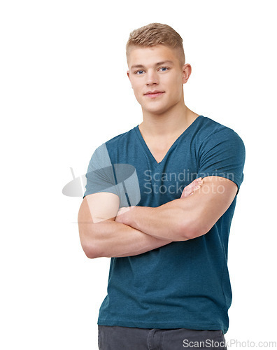 Image of Arms crossed, fashion and portrait of man in studio with confidence, pose or positive attitude on white background. Face, smile and male model with cool, clothes or streetwear, style or good mood