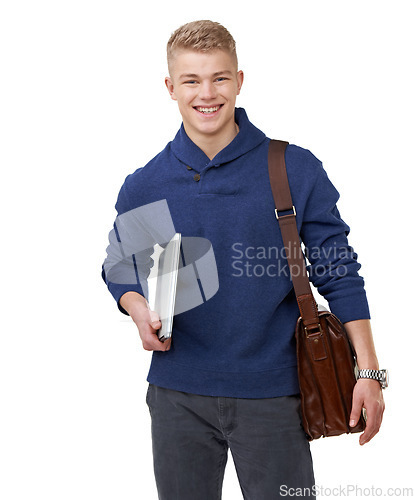 Image of Happy, textbooks and portrait of student in studio with briefcase and positive attitude for studying. Smile, education and young male person with university or college information by white background