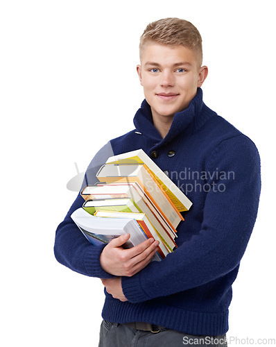 Image of Smile, books and portrait of man in a studio with positive, good and confident attitude for studying. Happy, pride and young university student with college information isolated by white background.