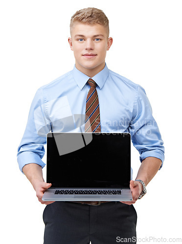 Image of Business man, portrait and laptop screen in studio for advertising information, news update and web promotion on white background. Computer, mockup space and presentation of corporate ads coming soon