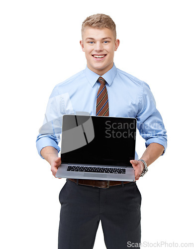 Image of Portrait, business man and advertising laptop screen, information and promotion coming soon in studio. Computer, mockup space and smile for review, presentation and corporate news on white background