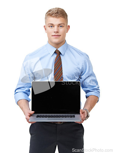 Image of Portrait, business man and laptop screen in studio for presentation, information and promotion coming soon. Computer, mockup space and corporate ambassador advertising email offer on white background