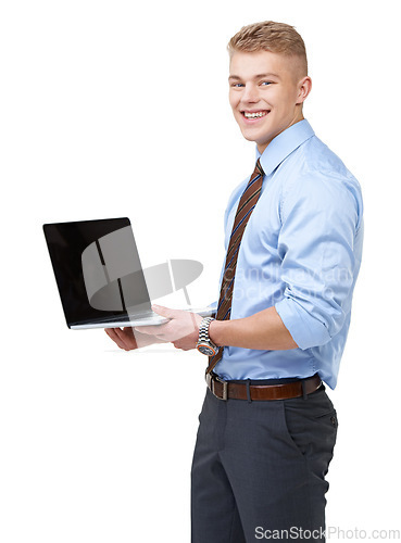 Image of Portrait, business and happy man at laptop screen in studio for advertising information, news and promotion on white background. Computer, mockup and space for review, presentation or corporate email