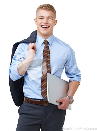 Image of Young, businessman and portrait with laptop or smile for research, communication or networking in studio. Entrepreneur, person and face with happy or confidence for internship on white background