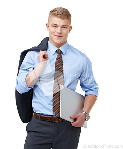 Image of Young, businessman and portrait with laptop or happy for research, communication or networking in studio. Entrepreneur, person and face with smile or confidence for internship on white background