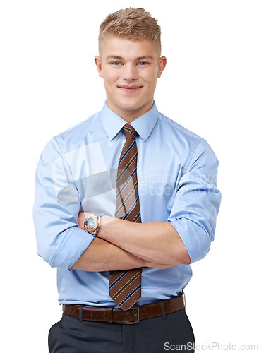 Image of Young, businessman and portrait with arms crossed or happy in studio for startup, career and confidence. Entrepreneur, person or smile and pride or positive mindset for internship on white background