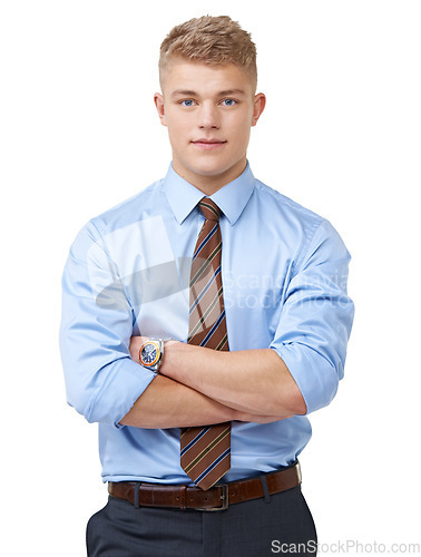 Image of Young, businessman and portrait with arms crossed or smile in studio for startup, career and confidence. Entrepreneur, person or happy and pride or positive mindset for internship on white background