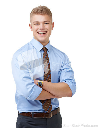 Image of Young, businessman and portrait with arms crossed or happy in studio for startup, career and confidence. Entrepreneur, person or laugh and pride or positive mindset for internship on white background